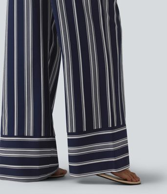 High Waisted Belted Stripes Resort Baggy Pants with Pockets