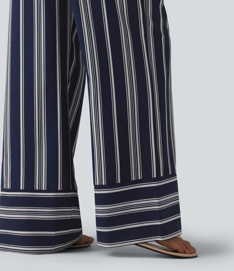 High Waisted Belted Stripes Resort Baggy Pants with Pockets