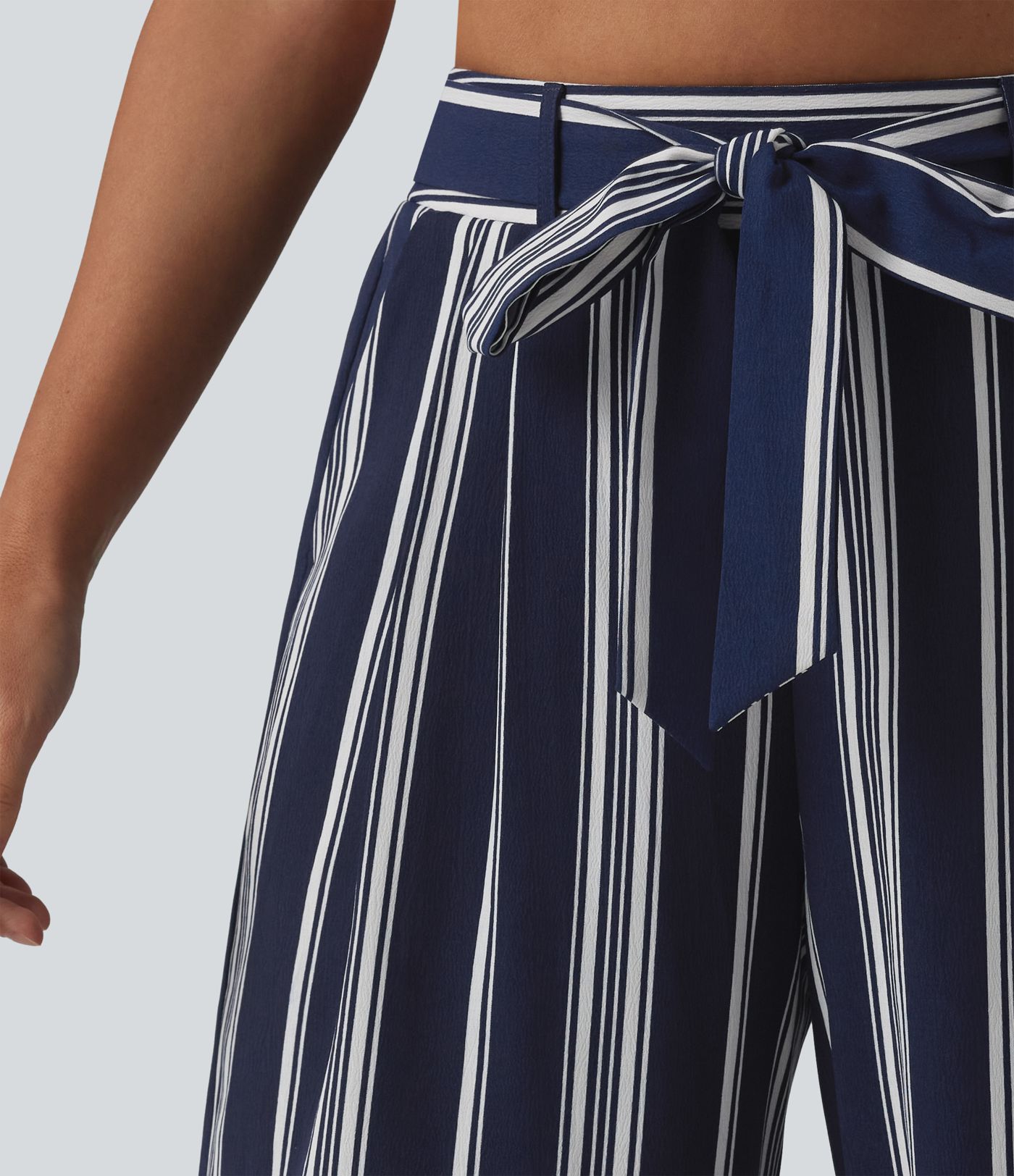 High Waisted Belted Stripes Resort Baggy Pants with Pockets