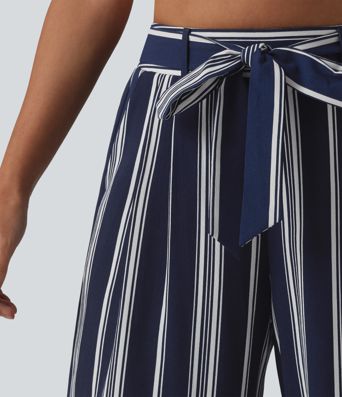High Waisted Belted Stripes Resort Baggy Pants with Pockets