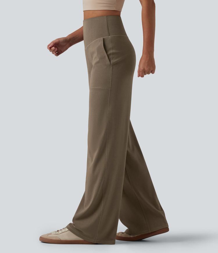 Pantalon large décontracté taille haute ventre plat en maille côtelée avec poches