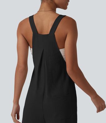 Adjustable Straps Pleated Linen-Feel Resort Short Overalls with Pockets