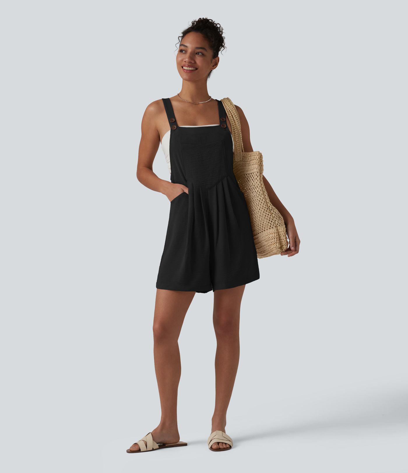 Adjustable Straps Pleated Linen-Feel Resort Short Overalls with Pockets