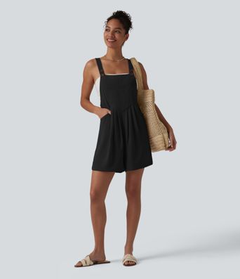 Adjustable Straps Pleated Linen-Feel Resort Short Overalls with Pockets