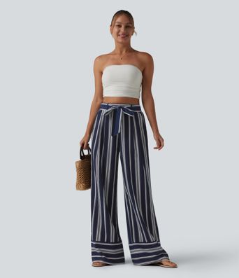 High Waisted Belted Stripes Resort Baggy Pants with Pockets
