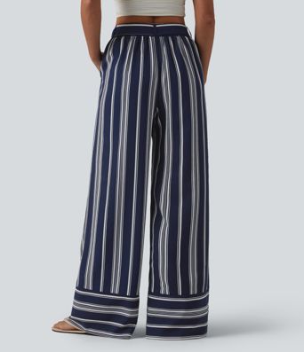 High Waisted Belted Stripes Resort Baggy Pants with Pockets