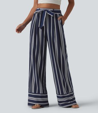 High Waisted Belted Stripes Resort Baggy Pants with Pockets