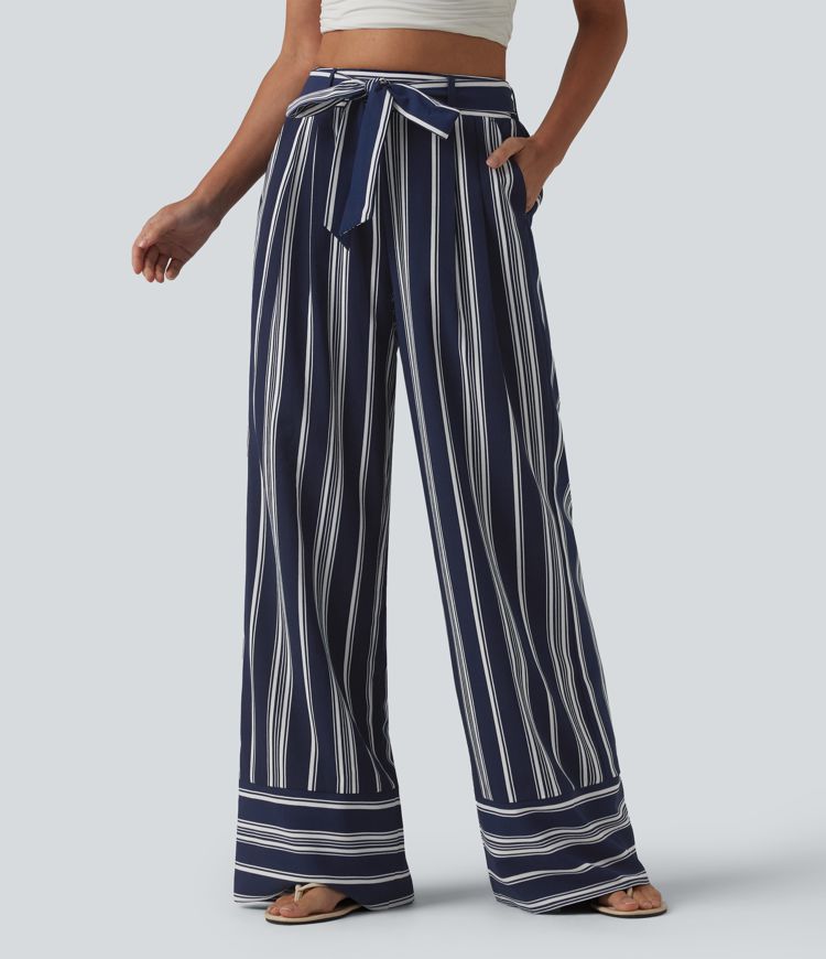 High Waisted Belted Stripes Resort Baggy Pants with Pockets