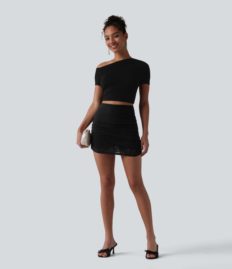 High Waisted Ruched Curved Hem 2-in-1 Lace Mini Bodycon Bridesmaid And Wedding Guest Skirt
