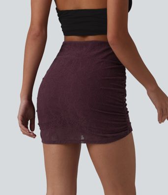 High Waisted Ruched Curved Hem 2-in-1 Lace Mini Bodycon Bridesmaid And Wedding Guest Skirt