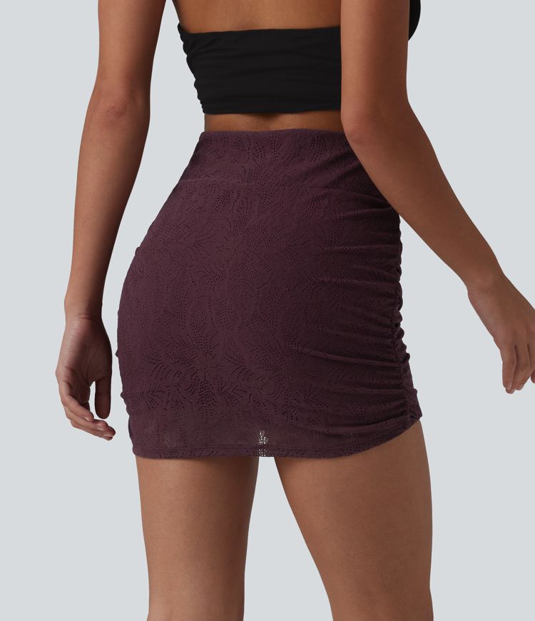 High Waisted Ruched Curved Hem 2-in-1 Lace Mini Bodycon Bridesmaid And Wedding Guest Skirt