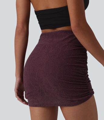 High Waisted Ruched Curved Hem 2-in-1 Lace Mini Bodycon Bridesmaid And Wedding Guest Skirt