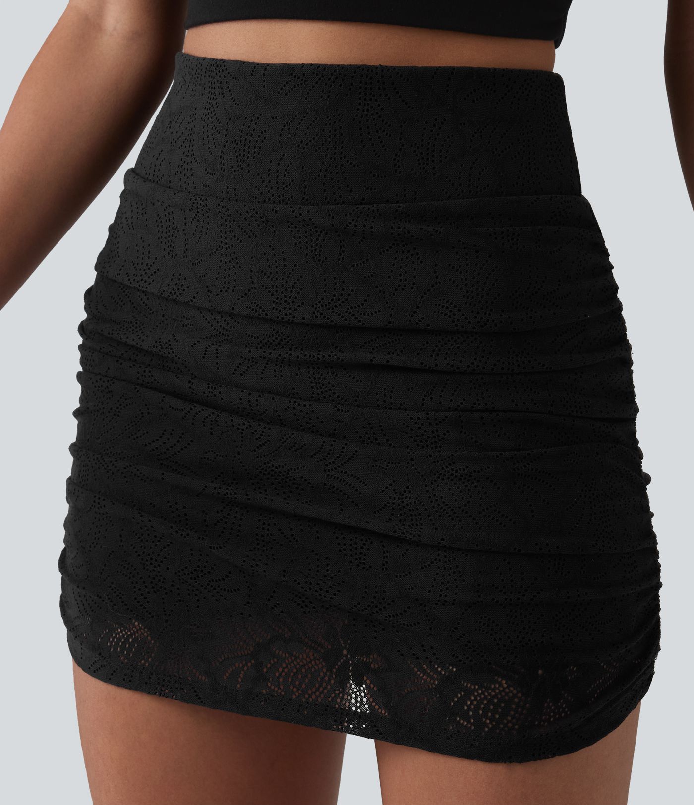 High Waisted Ruched Curved Hem 2-in-1 Lace Mini Bodycon Bridesmaid And Wedding Guest Skirt