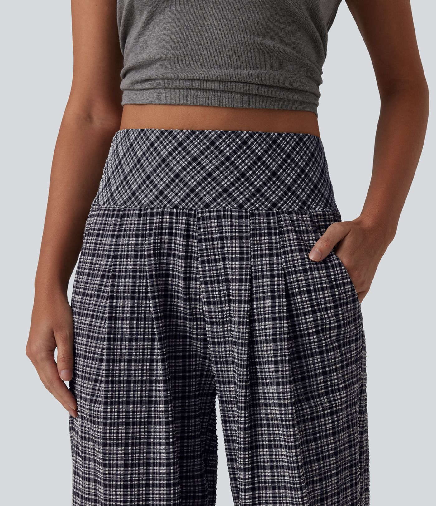 High Waisted Plaid Crinkle Quick Dry Casual Straight Leg Pants with Pockets High Waisted Plaid Crinkle Quick Dry Casual Straight Leg Pants with Pockets