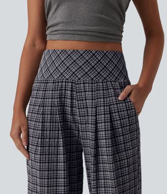 High Waisted Plaid Crinkle Quick Dry Casual Straight Leg Pants with Pockets High Waisted Plaid Crinkle Quick Dry Casual Straight Leg Pants with Pockets