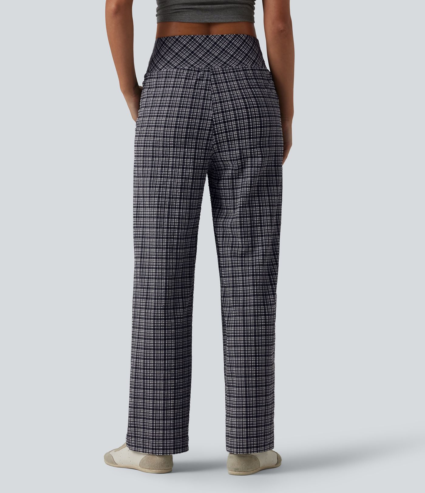 High Waisted Plaid Crinkle Quick Dry Casual Straight Leg Pants with Pockets High Waisted Plaid Crinkle Quick Dry Casual Straight Leg Pants with Pockets