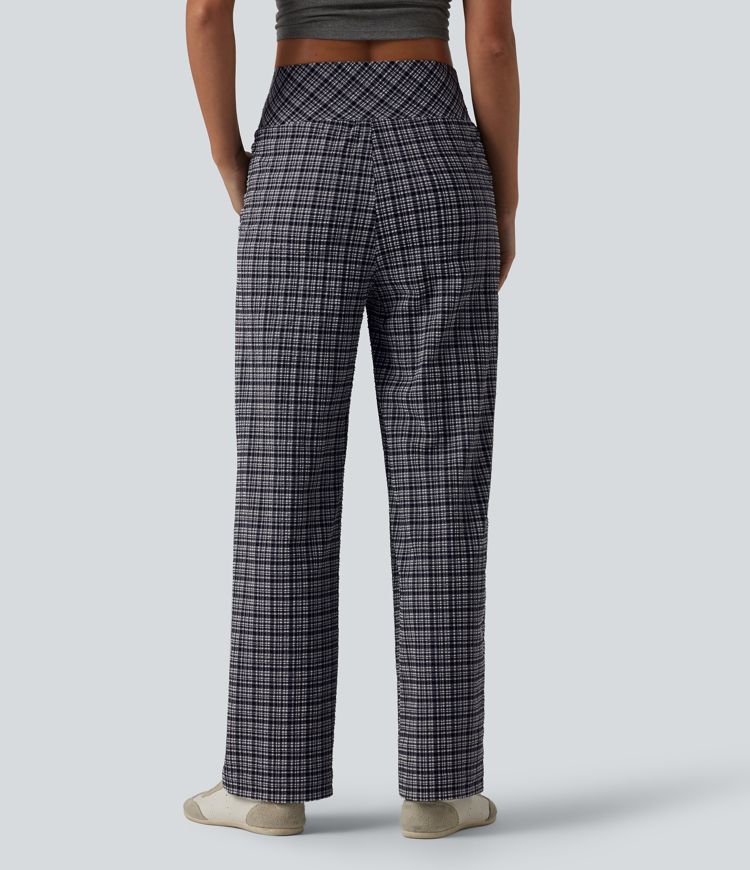 High Waisted Plaid Crinkle Quick Dry Casual Straight Leg Pants with Pockets High Waisted Plaid Crinkle Quick Dry Casual Straight Leg Pants with Pockets
