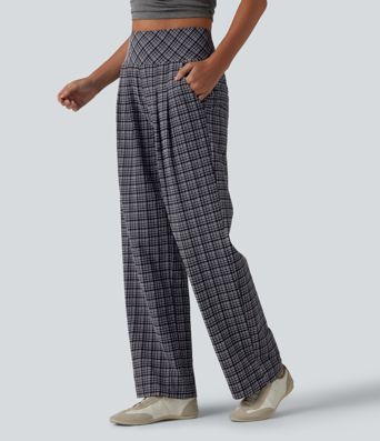 High Waisted Plaid Crinkle Quick Dry Casual Straight Leg Pants with Pockets High Waisted Plaid Crinkle Quick Dry Casual Straight Leg Pants with Pockets