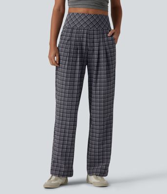 High Waisted Plaid Crinkle Quick Dry Casual Straight Leg Pants with Pockets High Waisted Plaid Crinkle Quick Dry Casual Straight Leg Pants with Pockets
