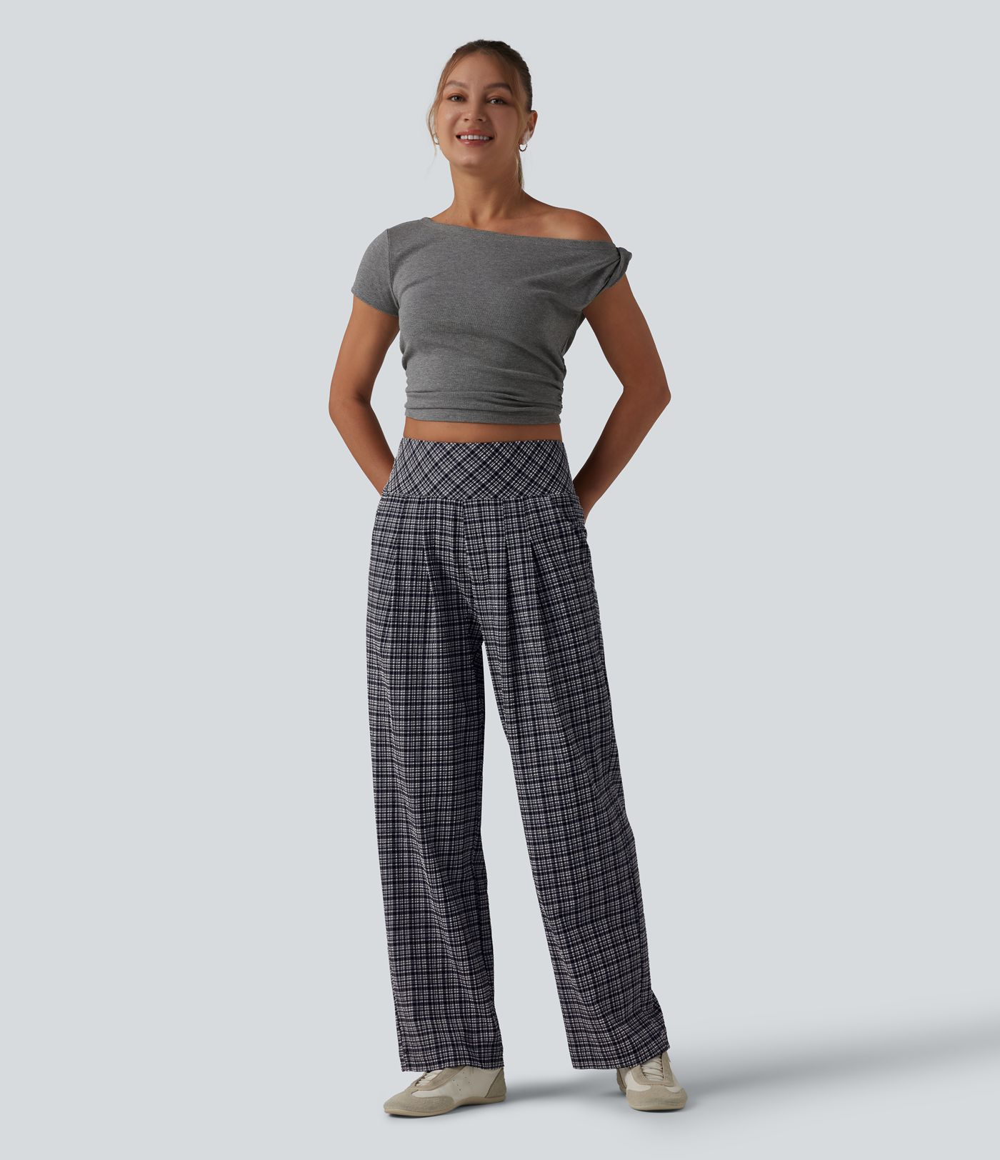 High Waisted Plaid Crinkle Quick Dry Casual Straight Leg Pants with Pockets High Waisted Plaid Crinkle Quick Dry Casual Straight Leg Pants with Pockets