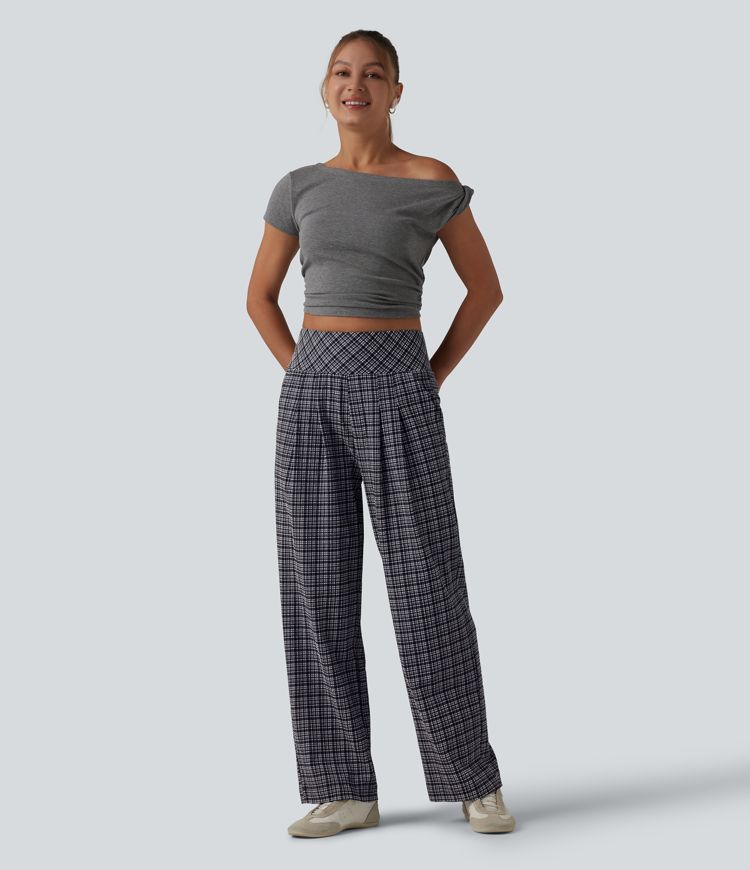 High Waisted Plaid Crinkle Quick Dry Casual Straight Leg Pants with Pockets High Waisted Plaid Crinkle Quick Dry Casual Straight Leg Pants with Pockets