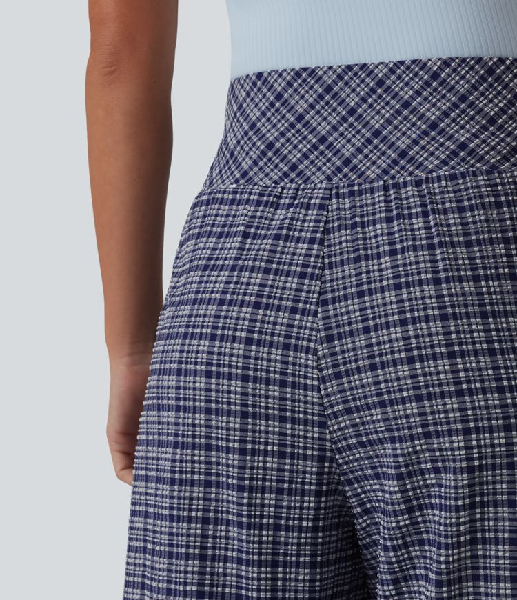 Hoch geschnittene, karierte Crinkle-Hose, schnell trocknend, lässig, mit geradem Bein und Taschen