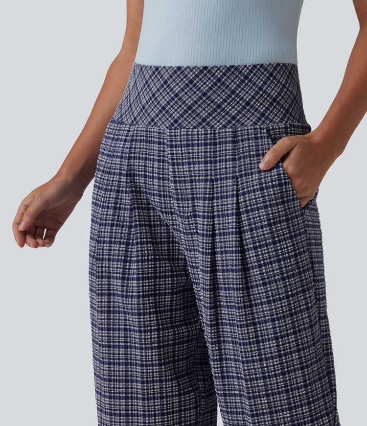 Hoch geschnittene, karierte Crinkle-Hose, schnell trocknend, lässig, mit geradem Bein und Taschen