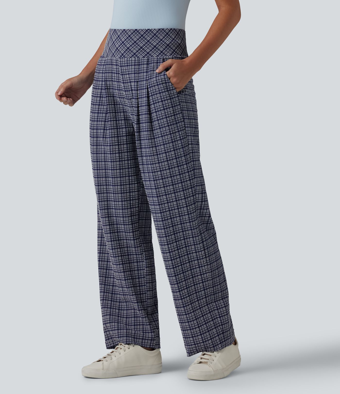 Hoch geschnittene, karierte Crinkle-Hose, schnell trocknend, lässig, mit geradem Bein und Taschen