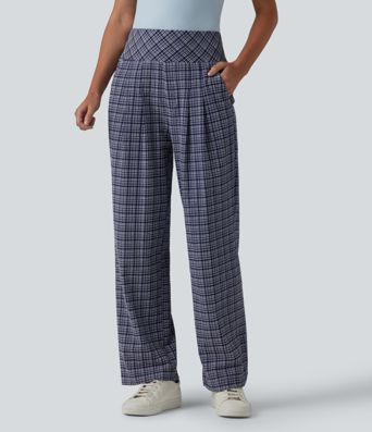 Hoch geschnittene, karierte Crinkle-Hose, schnell trocknend, lässig, mit geradem Bein und Taschen