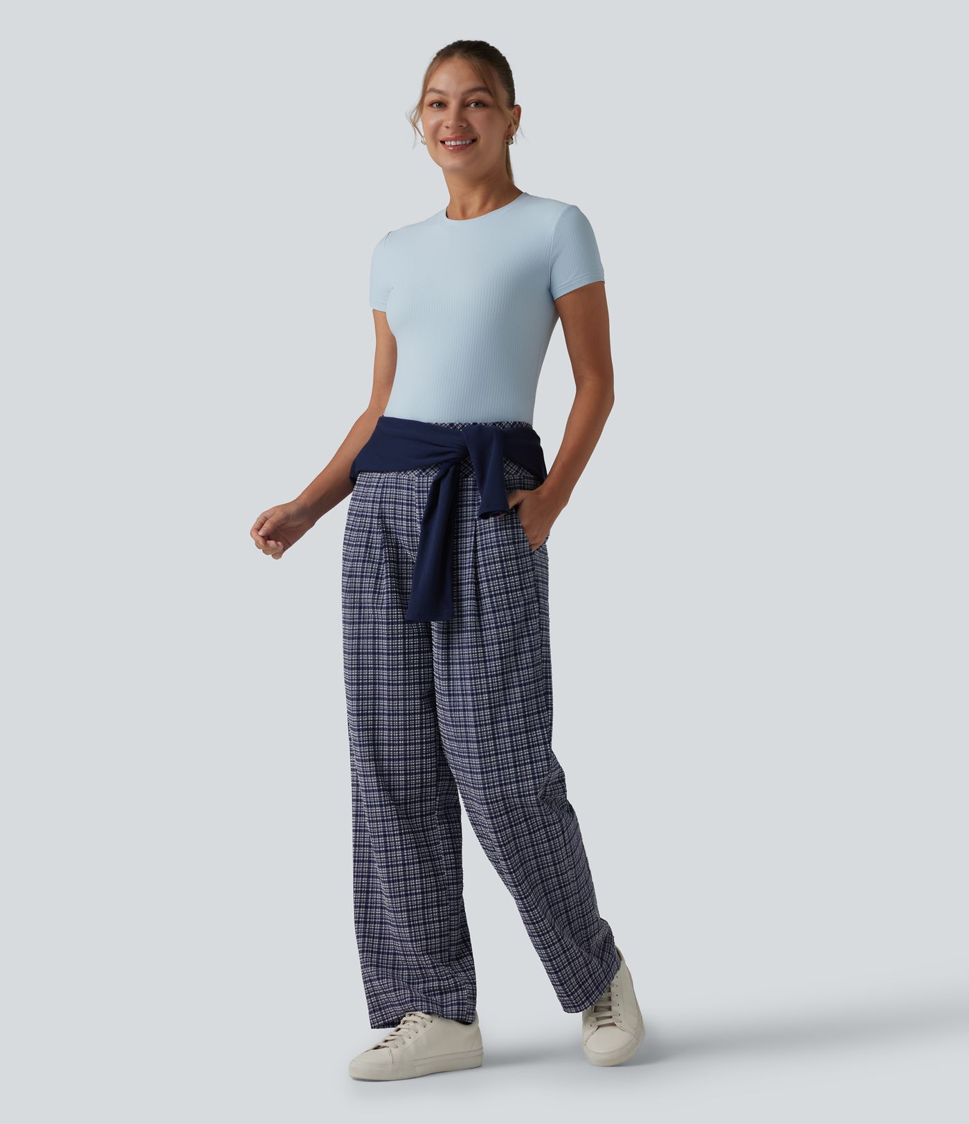 Hoch geschnittene, karierte Crinkle-Hose, schnell trocknend, lässig, mit geradem Bein und Taschen