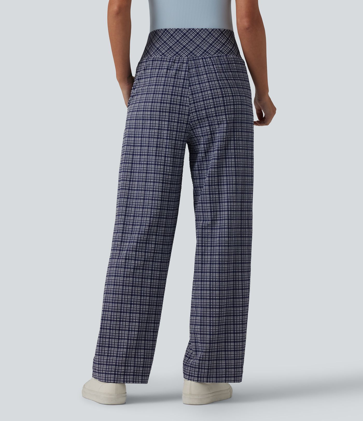 Hoch geschnittene, karierte Crinkle-Hose, schnell trocknend, lässig, mit geradem Bein und Taschen