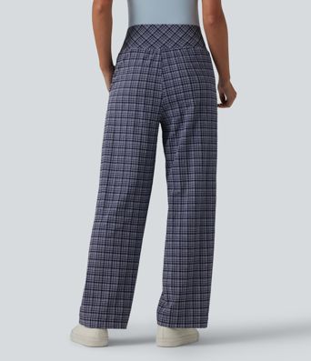 Hoch geschnittene, karierte Crinkle-Hose, schnell trocknend, lässig, mit geradem Bein und Taschen