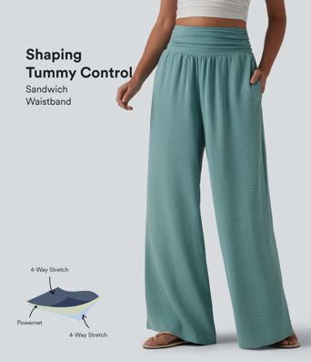 Pantalon ample décontracté taille haute à fronces, effet gainant pour le ventre, aspect lin, avec poches