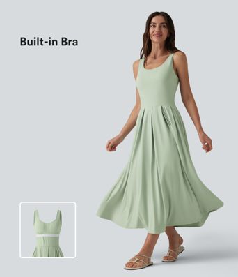 U Neck Built-in Bra Flowy Midi Casual Tank Dress with Pockets