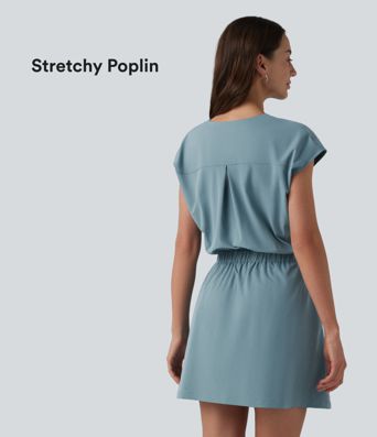 V-neck Cap Sleeve Cut Out Stretchy Poplin Casual Dress with Pockets