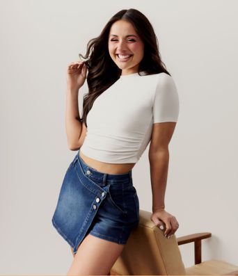 Round Neck Short Sleeve Ruched Skinny Cropped Casual T-Shirt