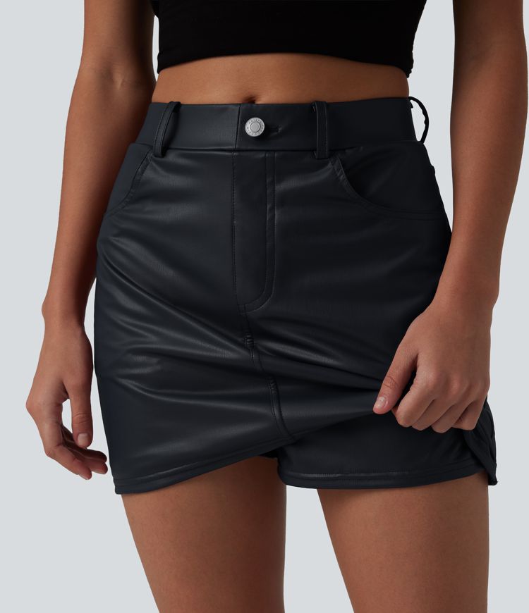 Mid Rise Stretchy PU Casual Skort with Pockets