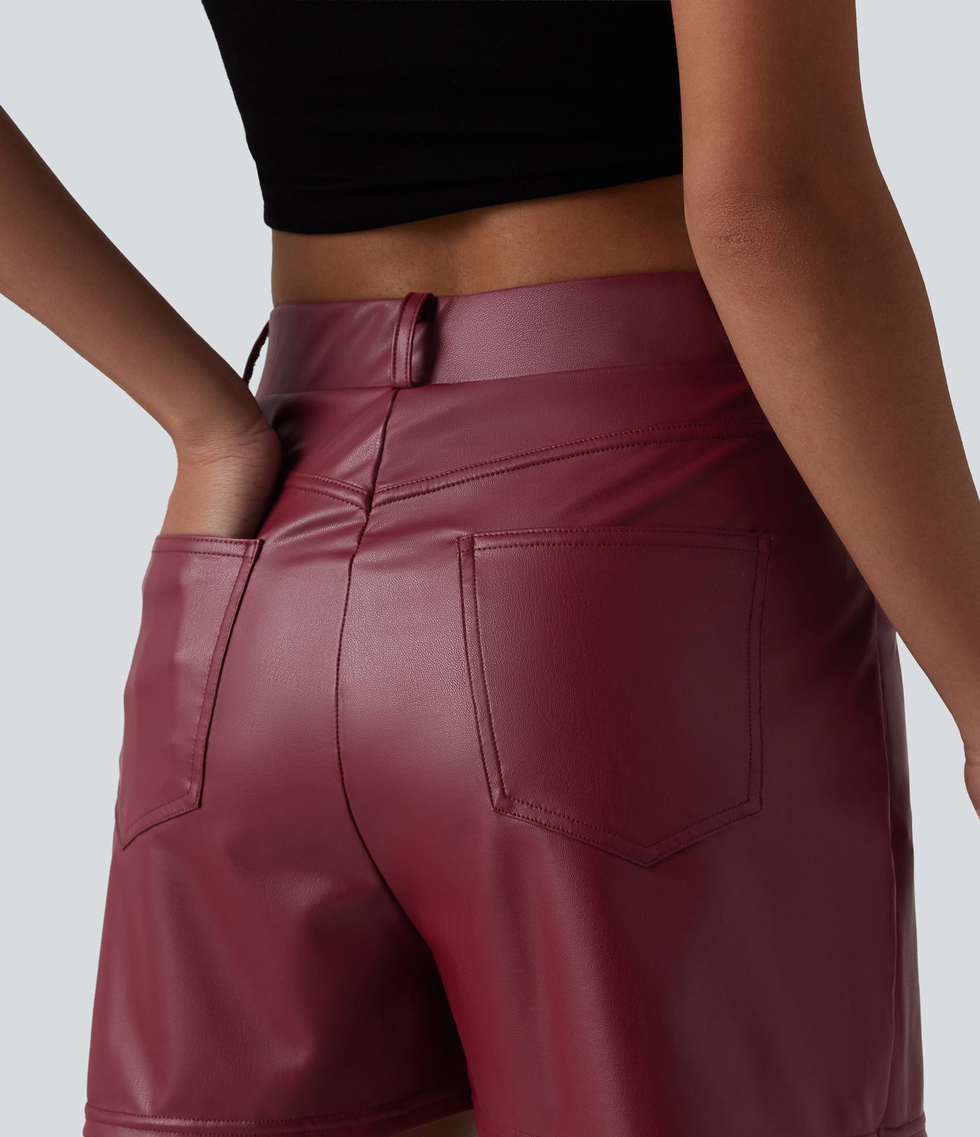 Mid Rise Stretchy PU Casual Skort with Pockets