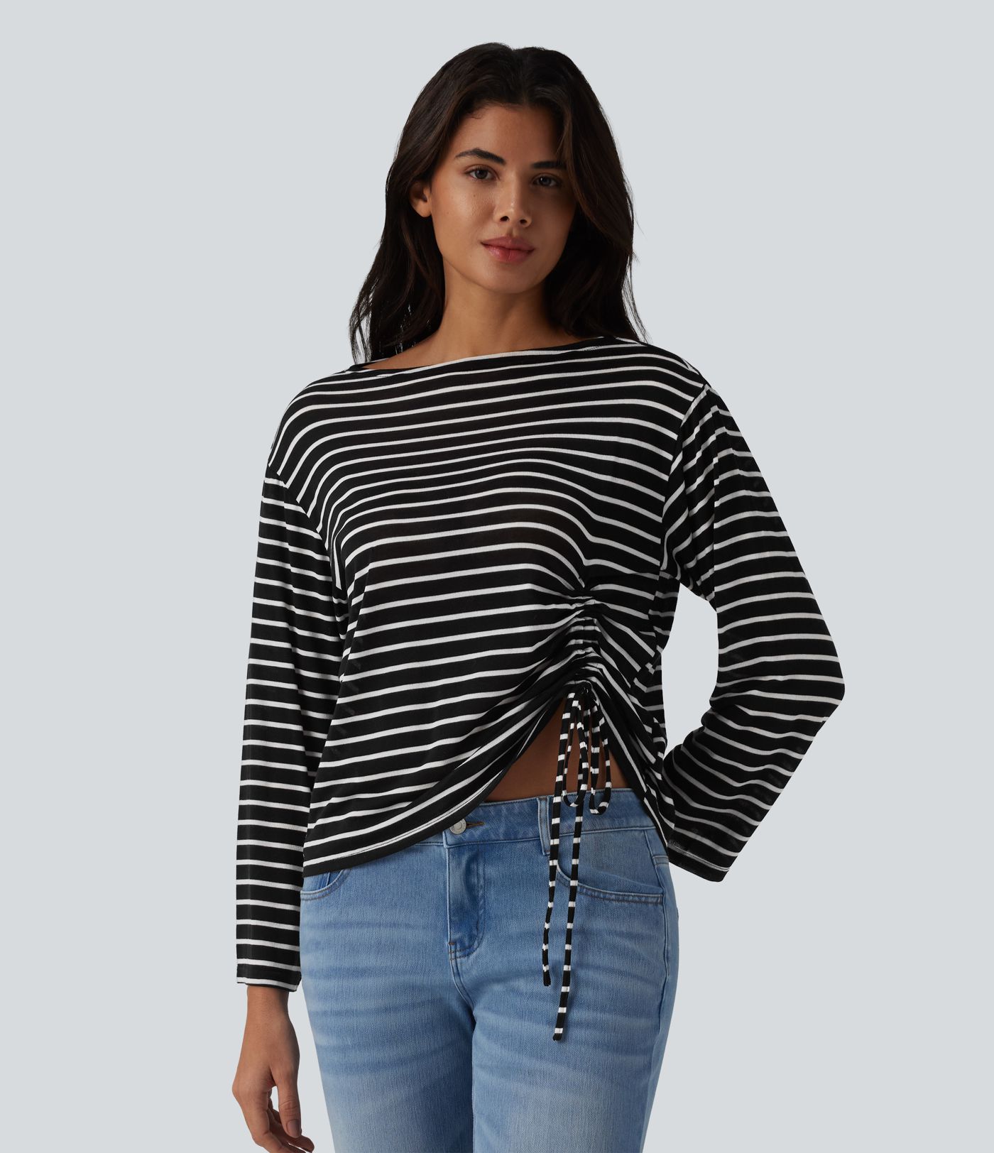 Boat Neck Long Sleeve Drawstring Hem Stripes Casual Top