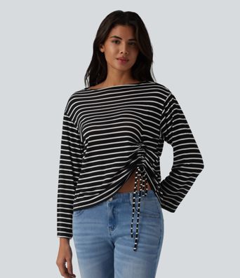Boat Neck Long Sleeve Drawstring Hem Stripes Casual Top