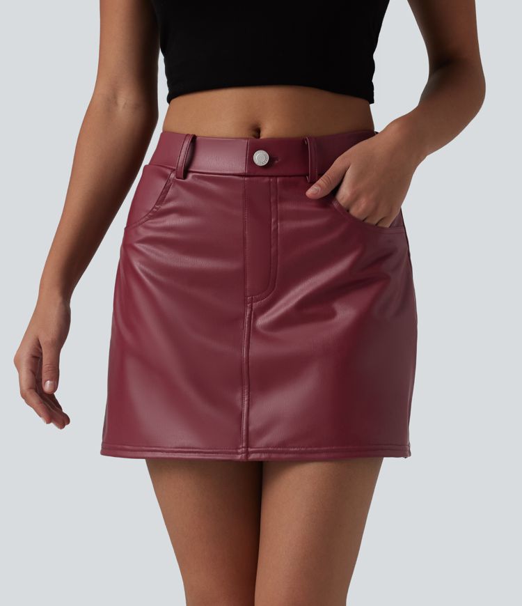 Mid Rise Stretchy PU Casual Skort with Pockets