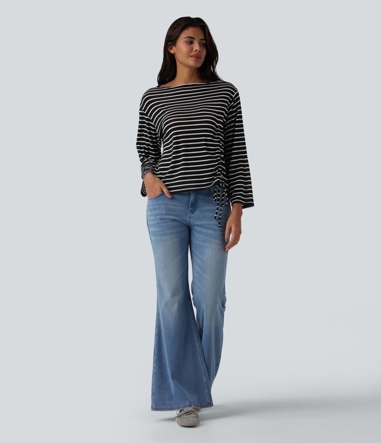 Boat Neck Long Sleeve Drawstring Hem Stripes Casual Top