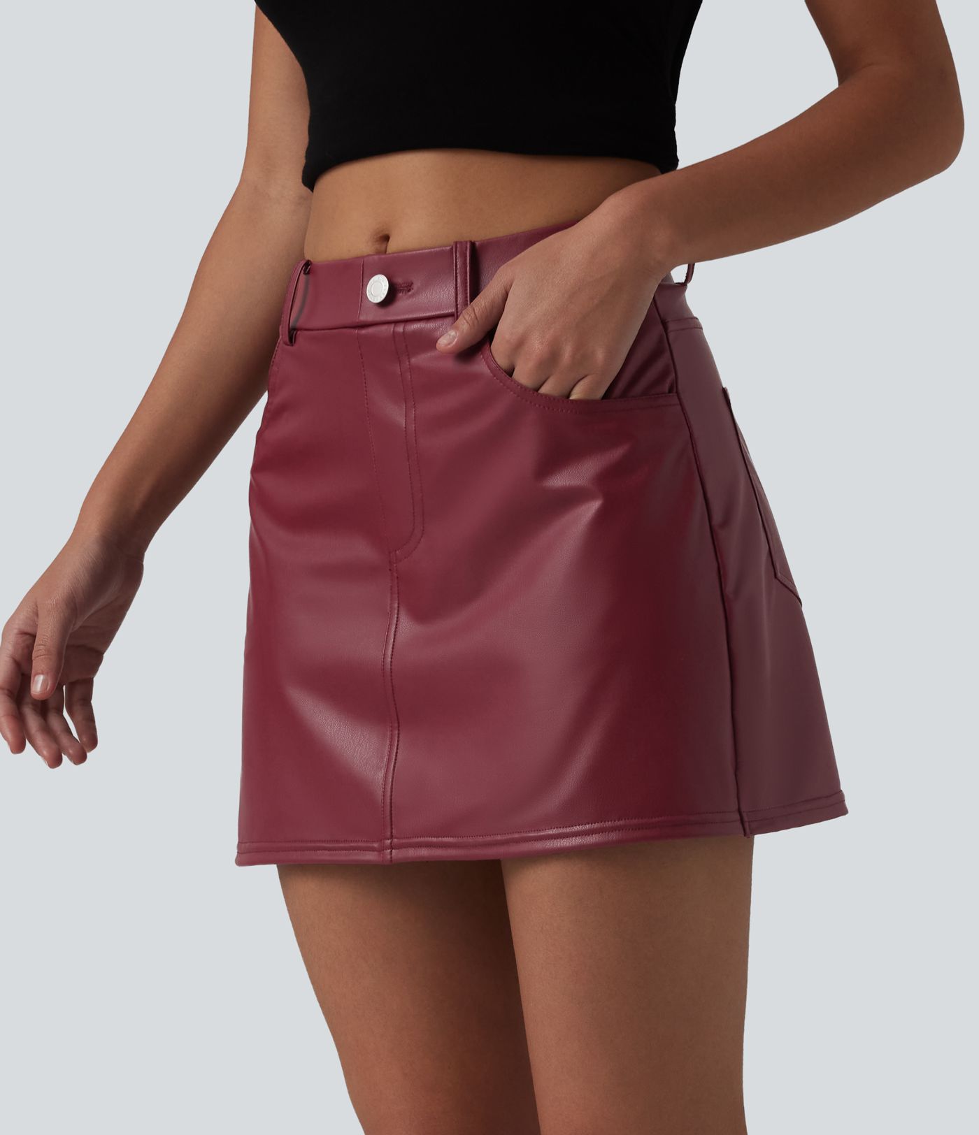 Mid Rise Stretchy PU Casual Skort with Pockets
