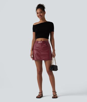 Mid Rise Stretchy PU Casual Skort with Pockets