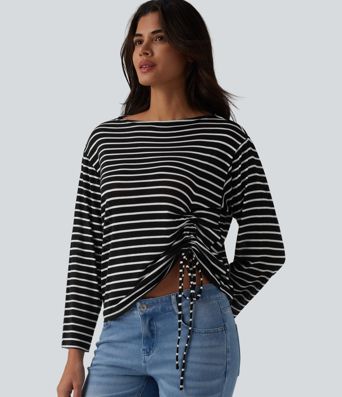 Boat Neck Long Sleeve Drawstring Hem Stripes Casual Top