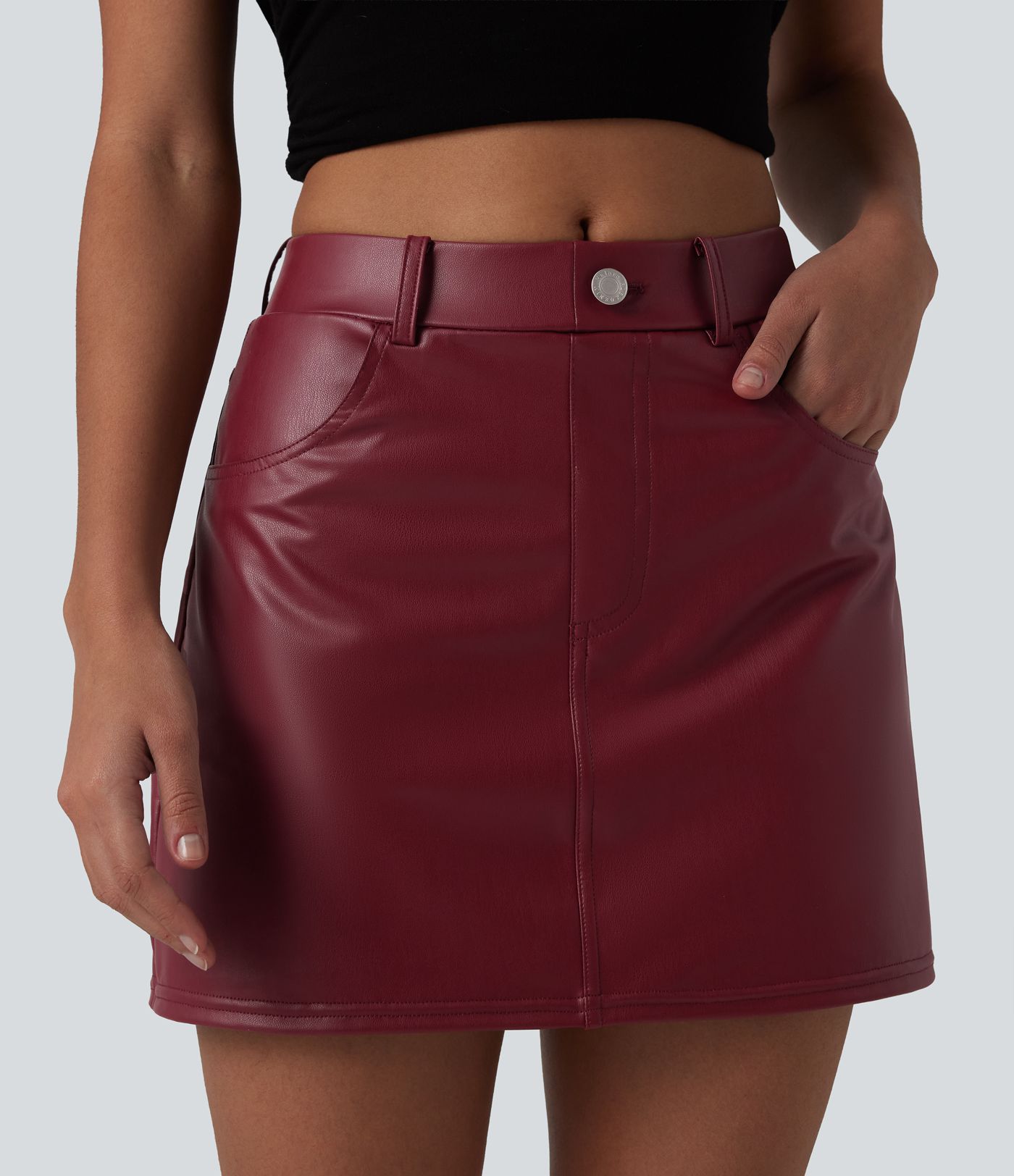 Mid Rise Stretchy PU Casual Skort with Pockets