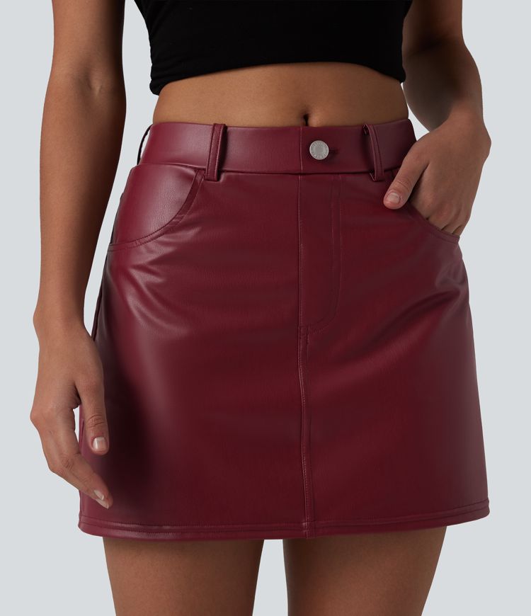 Mid Rise Stretchy PU Casual Skort with Pockets