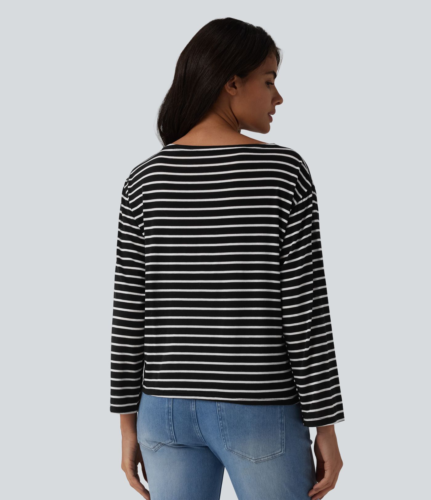 Boat Neck Long Sleeve Drawstring Hem Stripes Casual Top