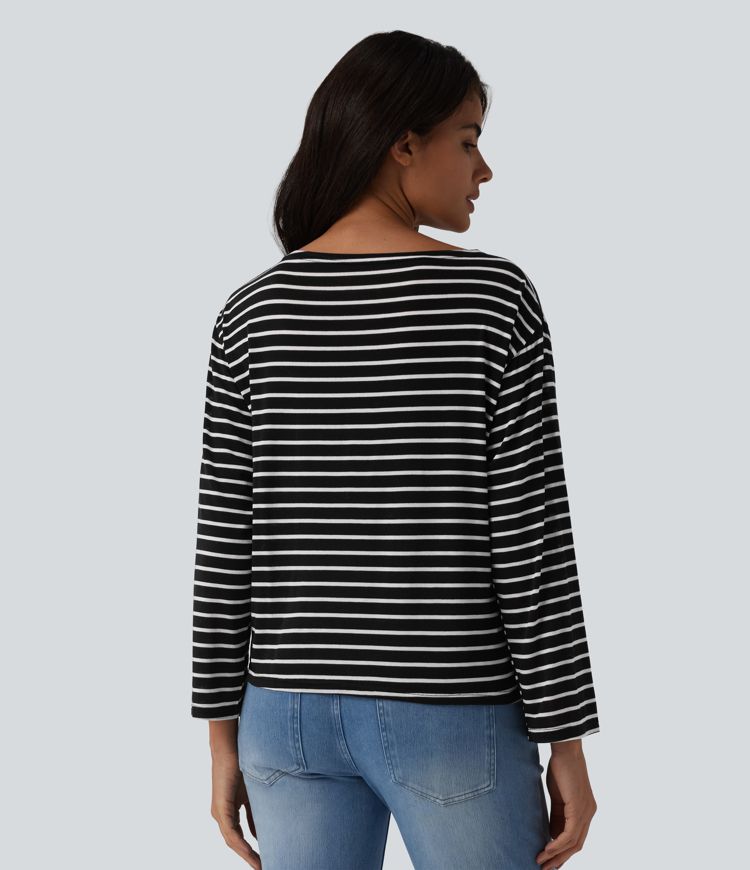 Boat Neck Long Sleeve Drawstring Hem Stripes Casual Top