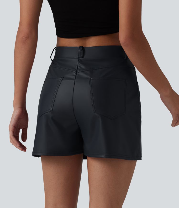 Mid Rise Stretchy PU Casual Skort with Pockets